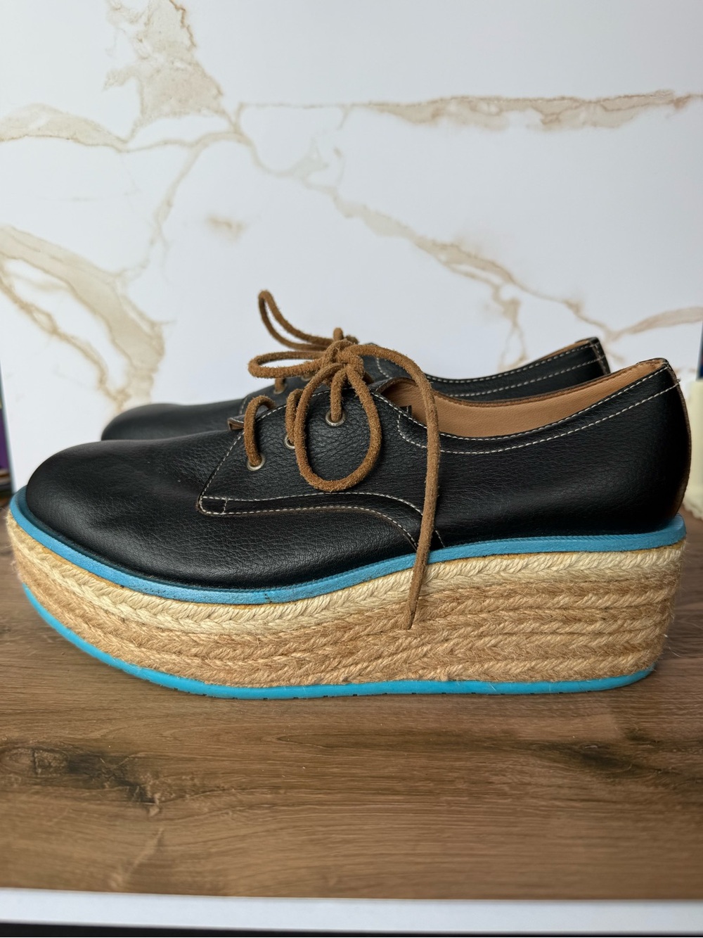John Fluevog Black Leather Espadrille Platform Oxfords - size 5